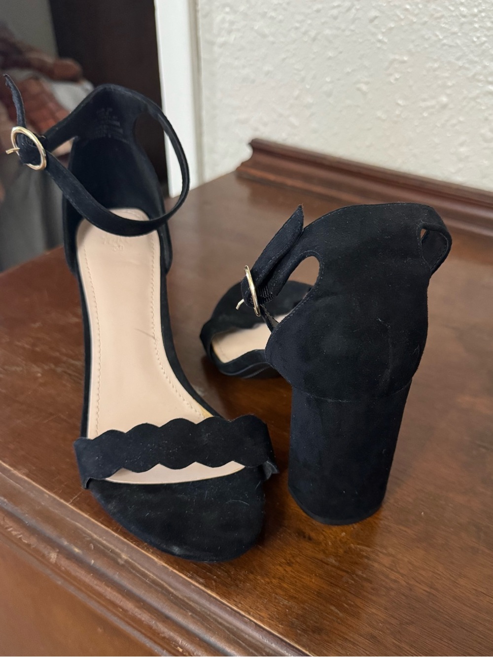 H&M Black Suede Scalloped Ankle-Strap Block Heels